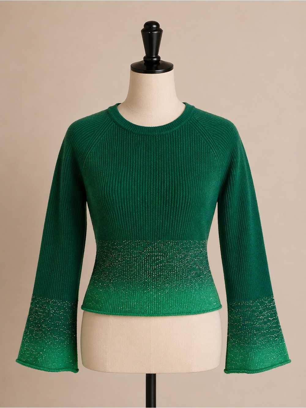Green Ribbed Glitter Hem & Sleeve Sweater